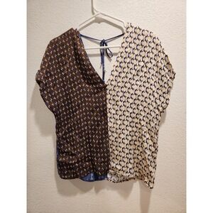 Sisley Blouse Geometric Print Tie Back Viscose Top Bohemian XS